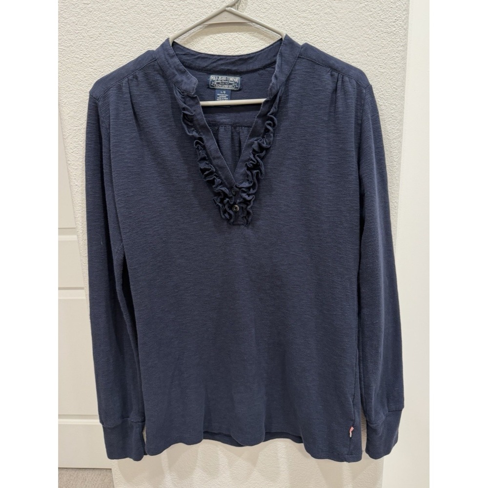 Ralph Lauren Polo Jeans Company Navy Blue Ruffle Trim Waffle Knit Henly Top L